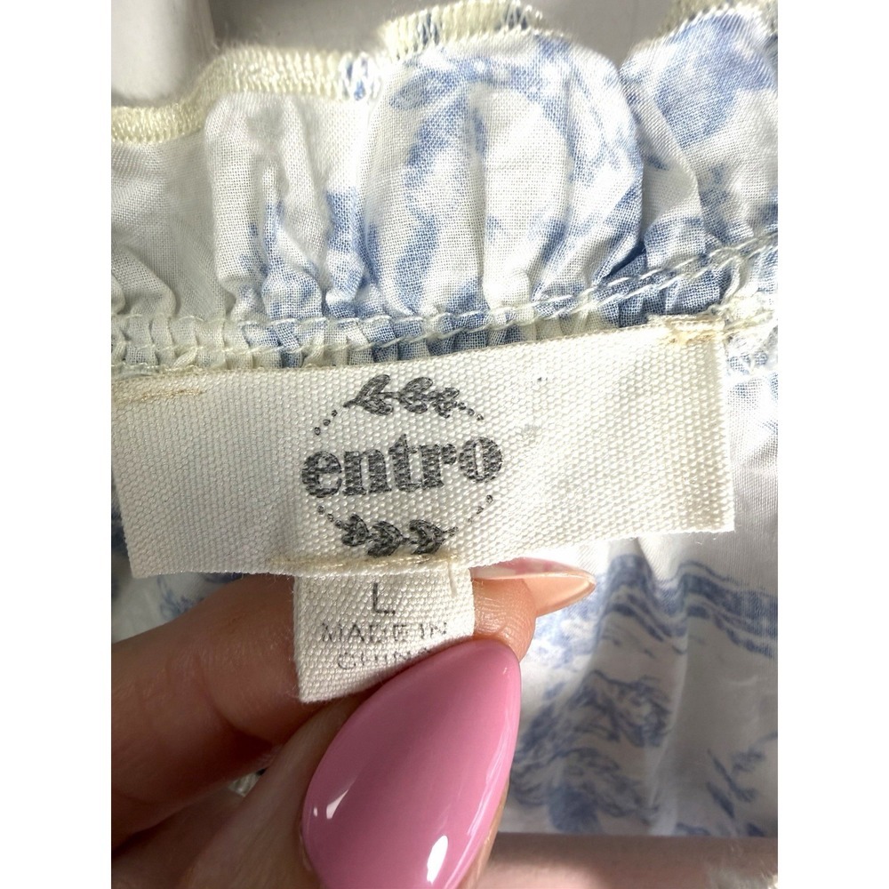 Entro Blue Cream Toile Woodland Wildlife Print Puff Sleeve Top Boho Size Large - Picture 3 of 9